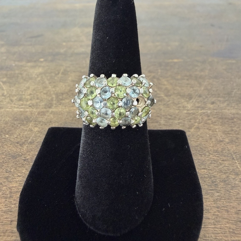 ESTATE Sterling Silver‎ Blue Topaz Green Peridot Cluster Ring Size 6.75 READ